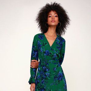 NWT Lulus Romantic Blooms Green Floral Print Midi Wrap Dress